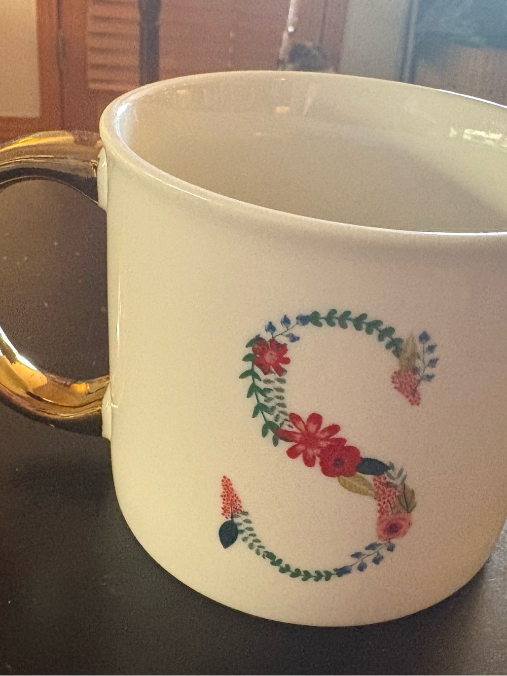 Opalhouse White Ceramic Mug with Floral 'S' and Gold Handle